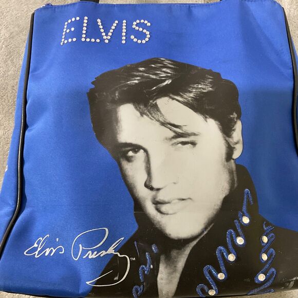 Vintage Elvis Presley Purse shoulder tote nylon? Blue Rhinestones embellished. - Picture 2 of 11